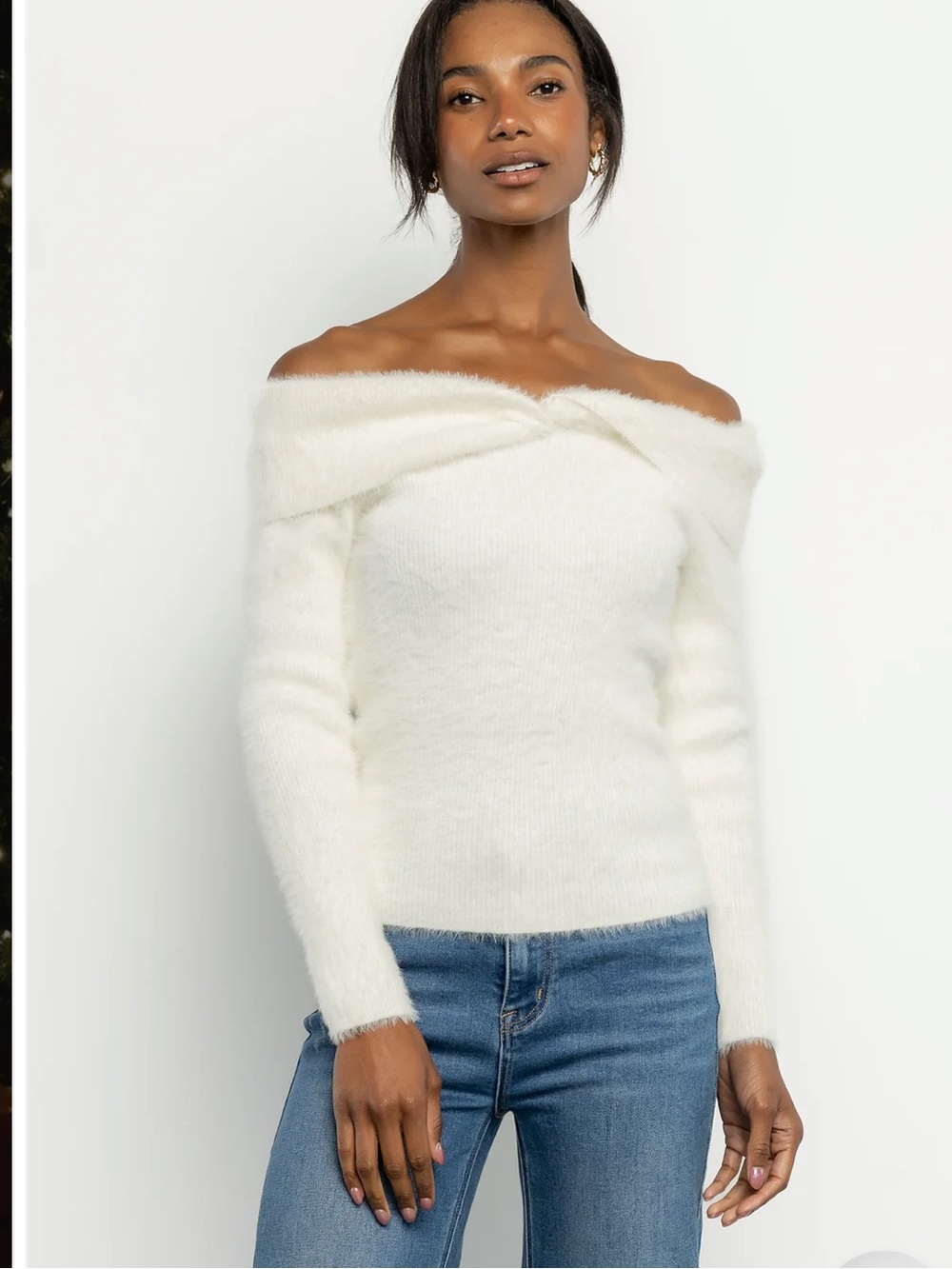 Baltic Born Off-Shoulder Fuzzy Sweater in White